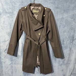 Vintage Wool Guess Black Trench Coat with Black Wrap Around Belt Woman’s Size XL